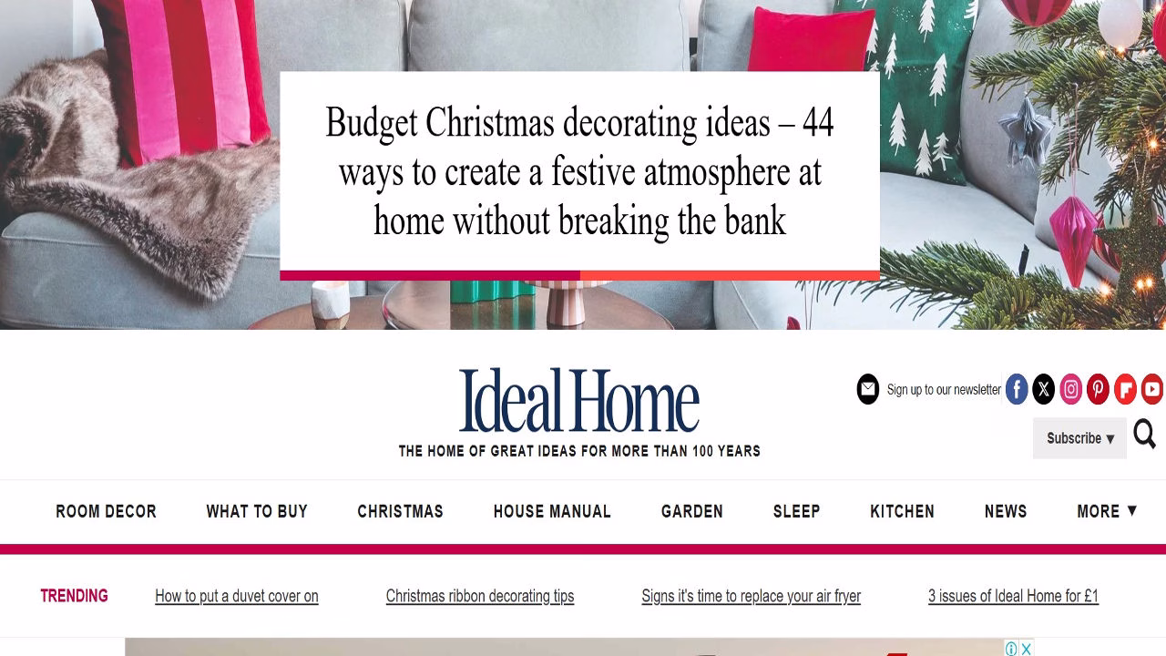 Screenshot or illustration of Ideal Home blog featuring home decor, kitchen design, and interior ideas