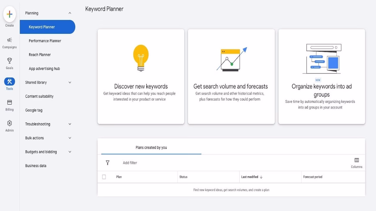 Home page of Google keyword planner