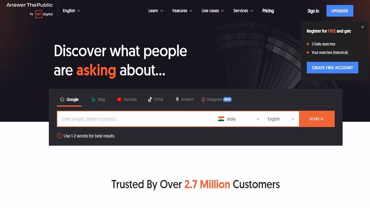 Home page of answer the public