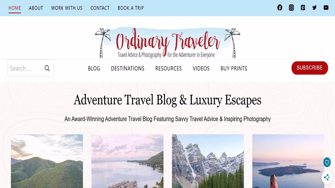 Screenshot or illustration of Ordinary Traveler blog featuring outdoor adventures and travel experiences