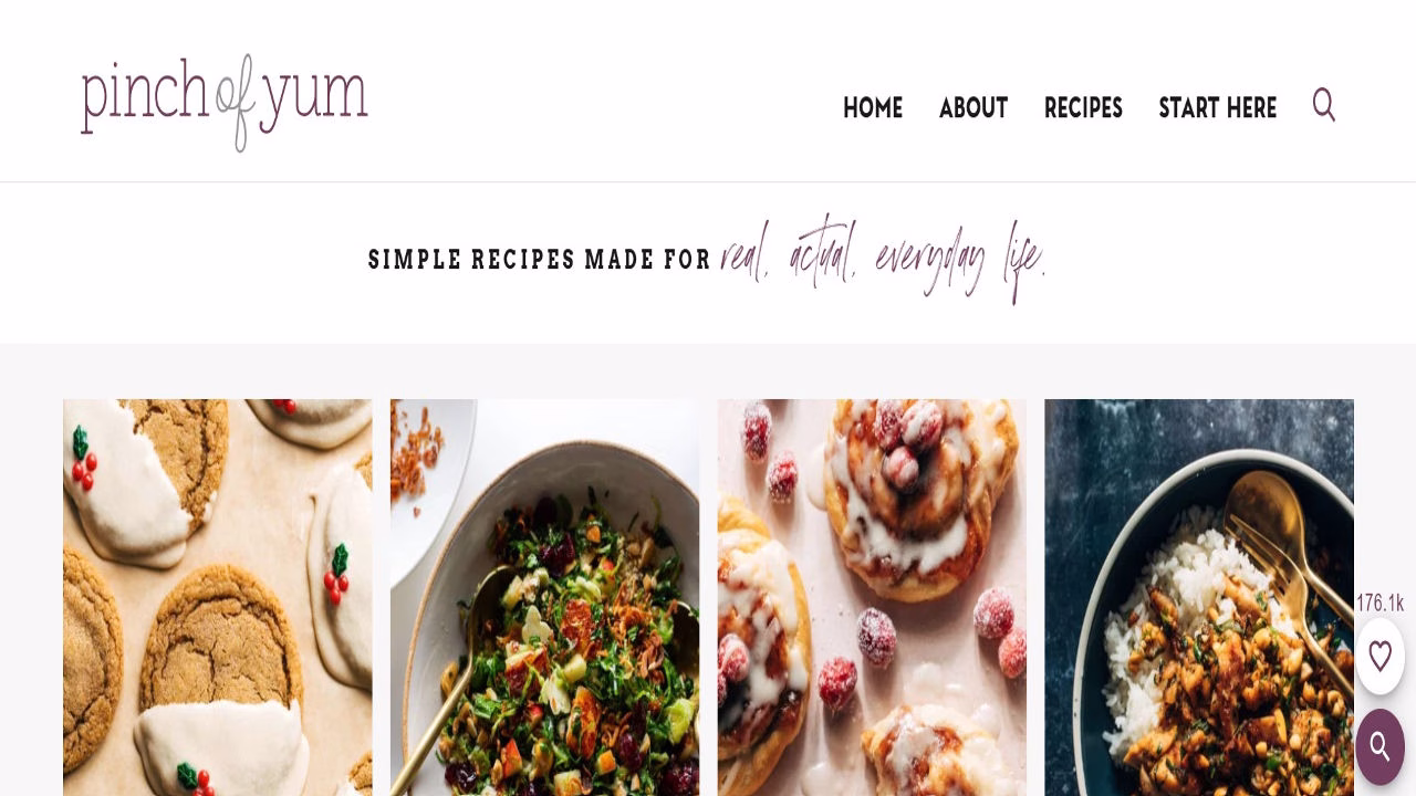 Screenshot or illustration of Pinch of Yum blog featuring recipes, cooking tips, and food photography