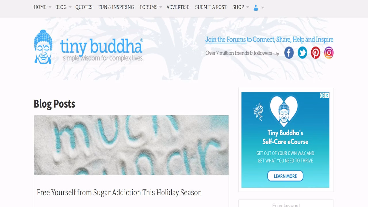 Screenshot or illustration of Tiny Buddha blog focused on personal growth, mindfulness, and self-improvement