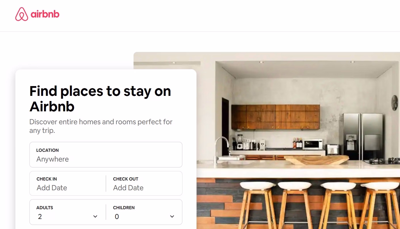Airbnb home page screenshot