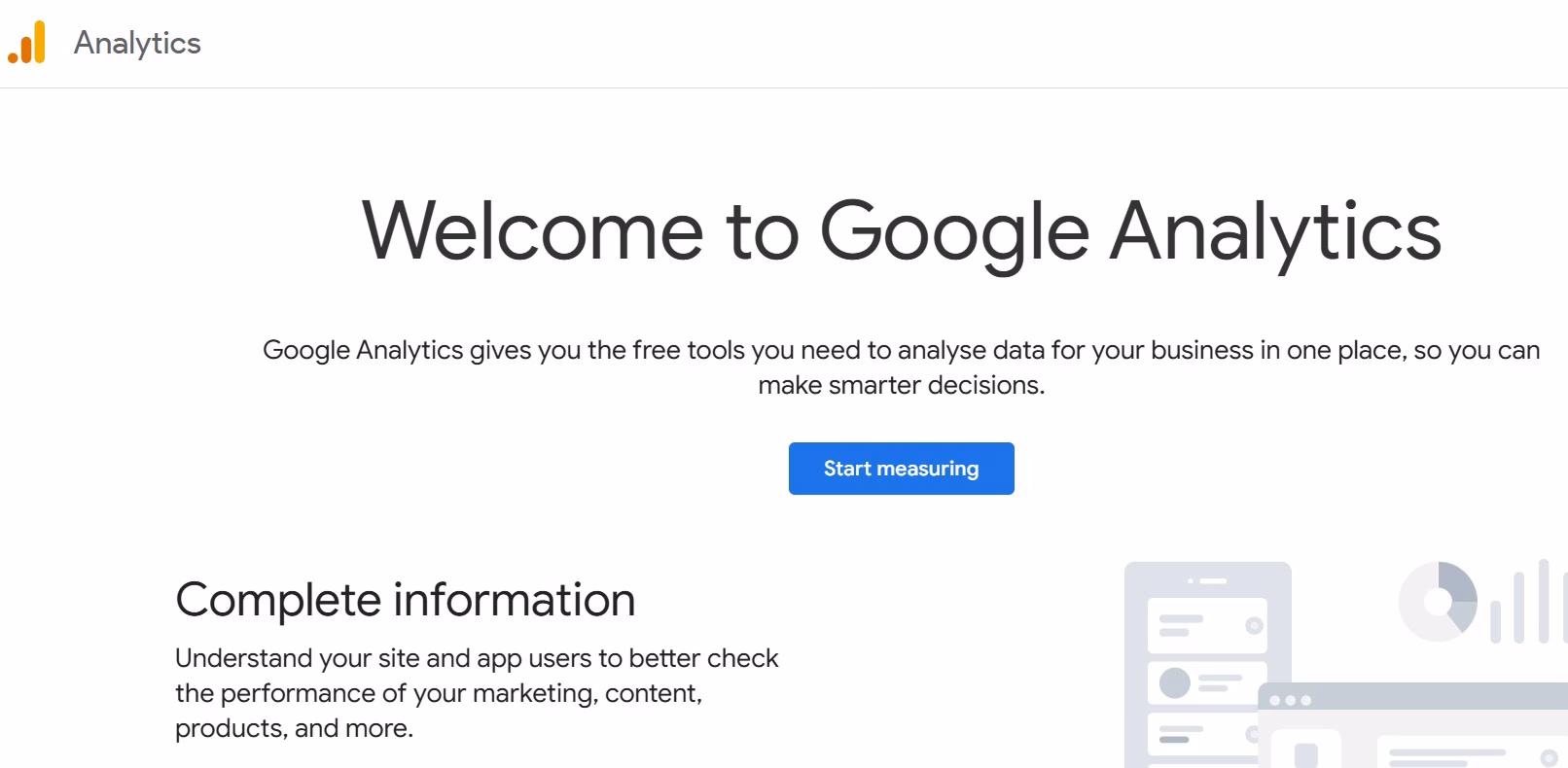 Home page of Google analytics