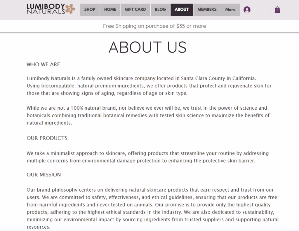 About Us page of Lumibody Naturals, a skincare brand