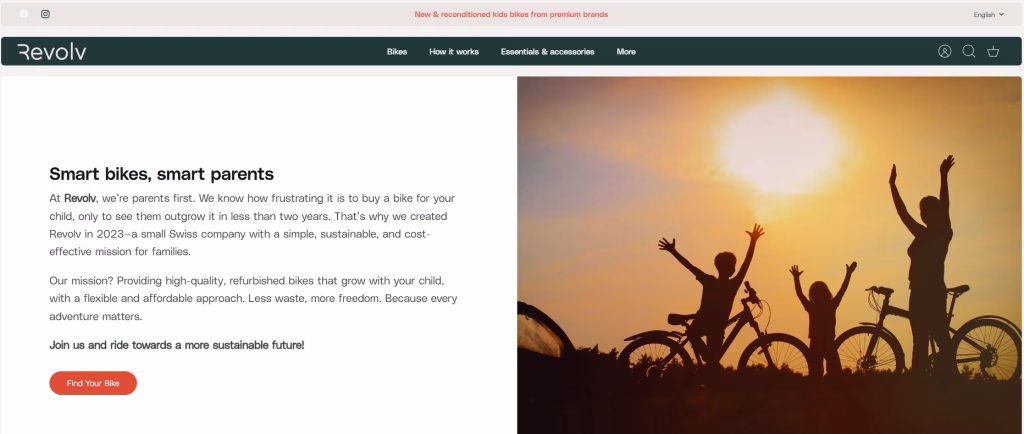 Revolv Bikes About Us page using storytelling style