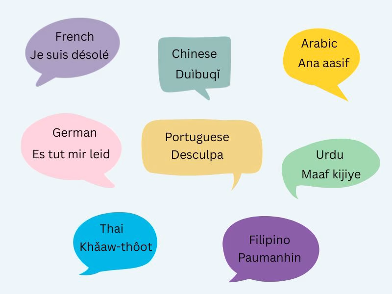 Infographic showing how to say sorry in different languages like French, Chinese, Turkish, Filipino, and Russian