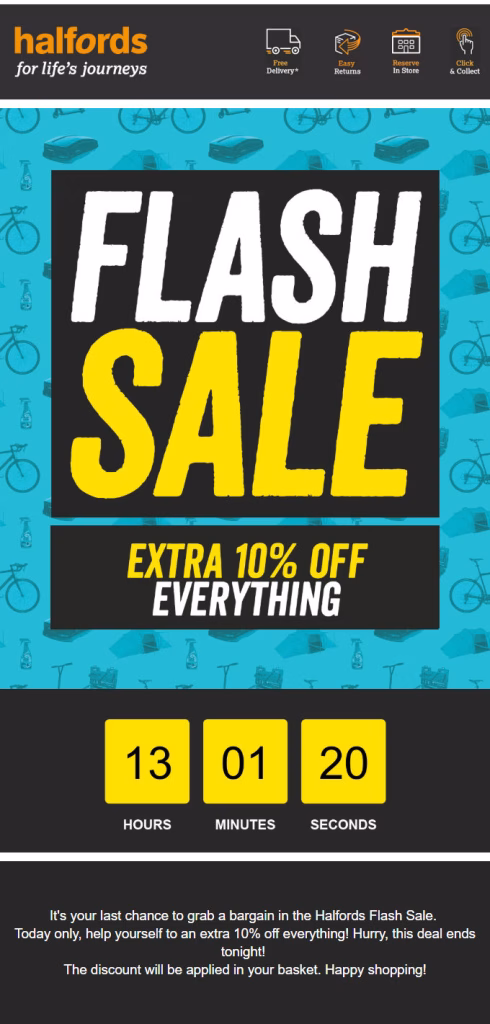 Promotional newsletter example with discounts, offers, and product highlights
