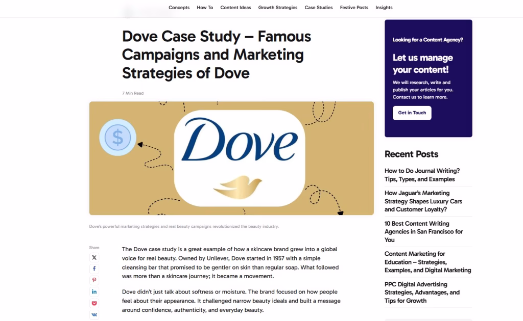 Screenshot of a marketing case study example showing challenges, solutions, and results