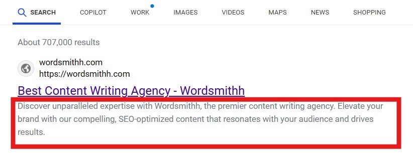 Example of meta description on google