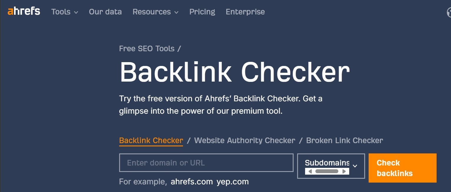 Ahrefs backlink checker homepage