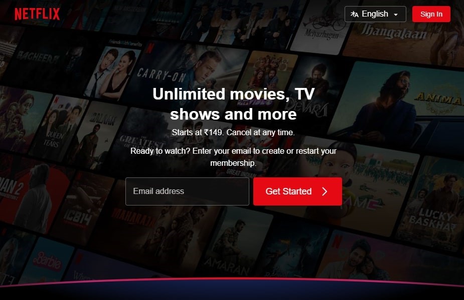 Home page of netflix