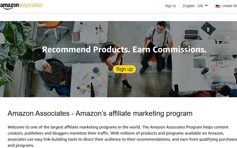 Home page of amazon associates