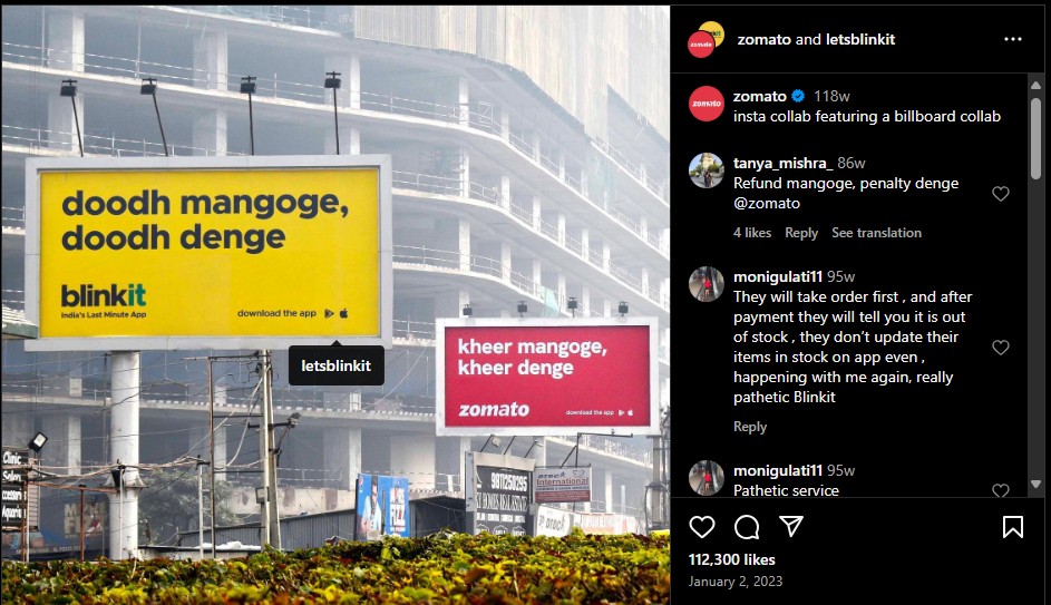 Blinkit x Zomato billboard campaign promoting fast delivery services